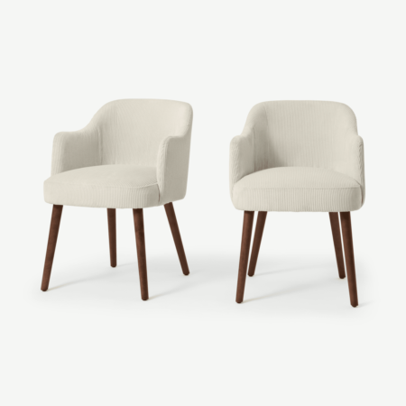 Swinton Set of 2 Carver Dining Chairs, Ecru Corduroy Velvet with Walnut Legs