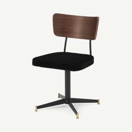 Amalyn Office Chair, Deep Black Velvet & Walnut