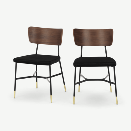 Amalyn Set of 2 Dining Chairs, Deep Black Velvet & Walnut