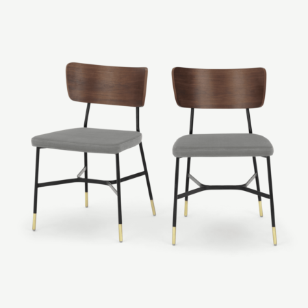 Amalyn Set of 2 Dining Chairs, Light Grey Velvet & Walnut
