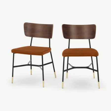 Amalyn Set of 2 Dining Chairs, Rust Velvet & Walnut