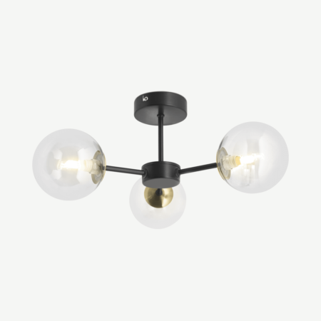 Globe Bathroom Flush Ceiling Pendant, Black Antique Brass & Light Smoked Glass