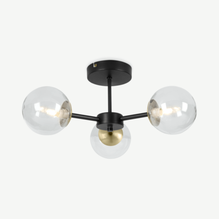 Globe Flush Pendant, Black and Antique Brass and Light Smoked Glass