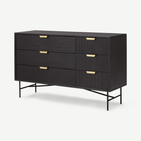 Haines Wide Chest of Drawers, Charcoal Black Mango Wood & Brass