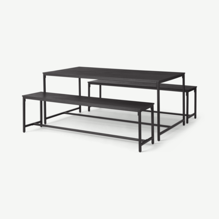 Lomond Dining Table and Bench Set, Brushed Charcoal & Black Mango Wood