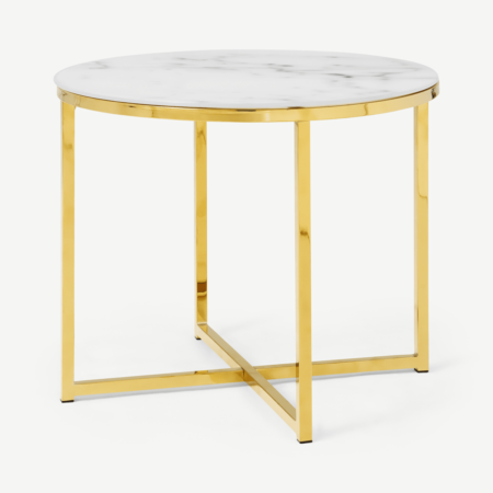 Alisma Round Side Table, Frosted Marble Effect Glass & Brass