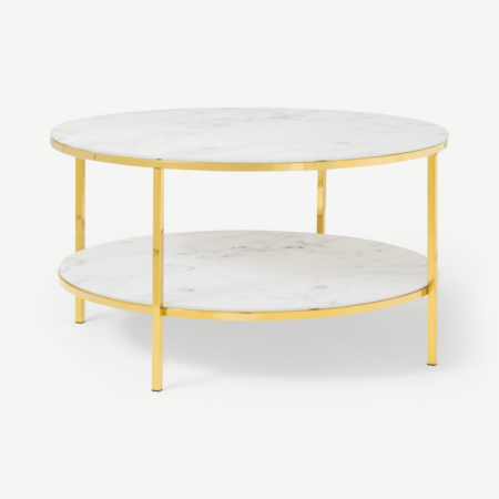Alisma Round Two-Layer Coffee Table, Marble Effect Glass & Brass