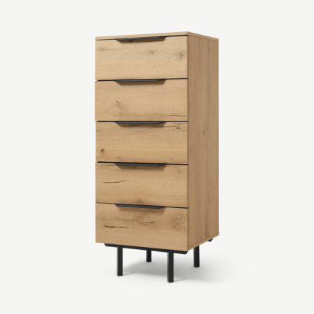 Damien Tall Chest of Drawers, Distressed Oak Effect & Black