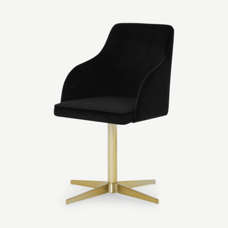 Keira Office Chair, Deep Black Velvet with Brass Legs