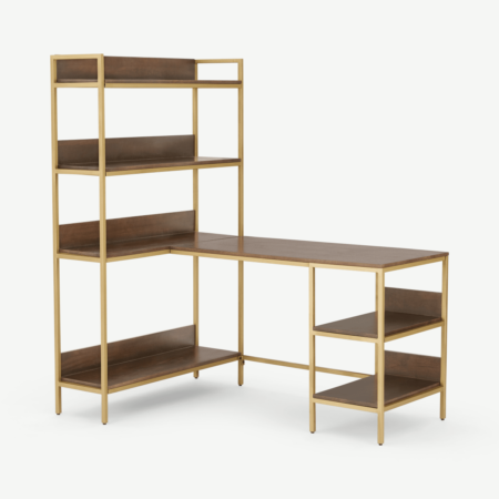 Lomond Adjustable Corner Desk with Shelves, Dark Mango Wood and Brass