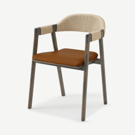 Nishan Dining Chair, Tan Faux Leather & Dark Stain