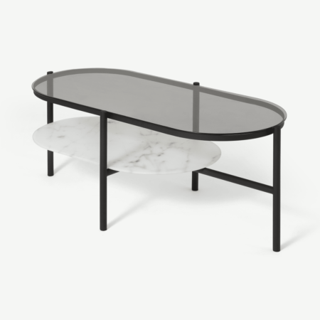 Shildon Coffee Table, White Marble Effect & Smoked Glass