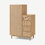 Pavia Single Wardrobe with Drawers, Natural Rattan & Oak Effect