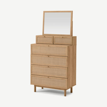 Pavia Vanity Chest of Drawers, Natural Rattan & Oak Effect