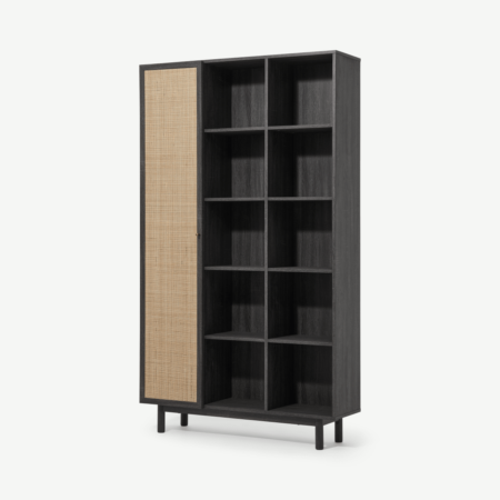 Pavia Wide Shelving Unit, Natural Rattan & Black Wood Effect