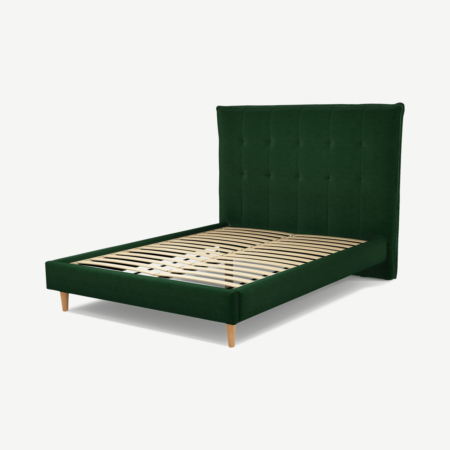 Lamas Double Bed, Bottle Green Velvet with Oak Legs