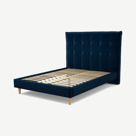 Lamas Double Bed, Regal Blue Velvet with Oak Legs