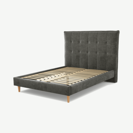 Lamas Double Bed, Steel Grey Velvet with Oak Legs