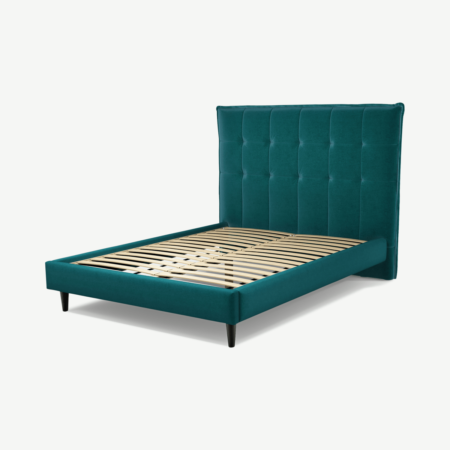 Lamas Double Bed, Tuscan Teal Velvet with Black Stain Oak Legs