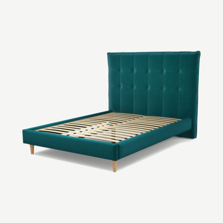 Lamas Double Bed, Tuscan Teal Velvet with Oak Legs