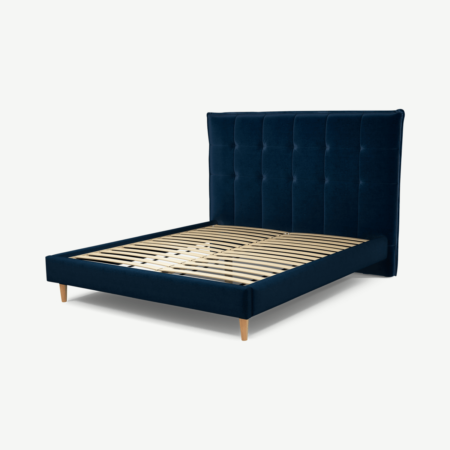 Lamas King Size Bed, Regal Blue Velvet with Oak Legs