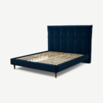 Lamas King Size Bed, Regal Blue Velvet with Walnut Stain Oak Legs