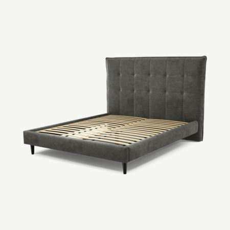 Lamas King Size Bed, Steel Grey Velvet with Black Stain Oak Legs