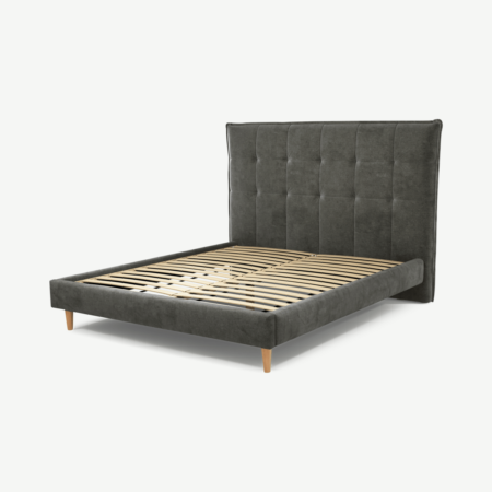 Lamas King Size Bed, Steel Grey Velvet with Oak Legs