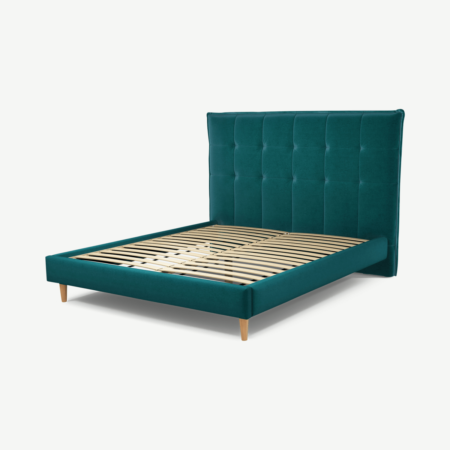 Lamas King Size Bed, Tuscan Teal Velvet with Oak Legs