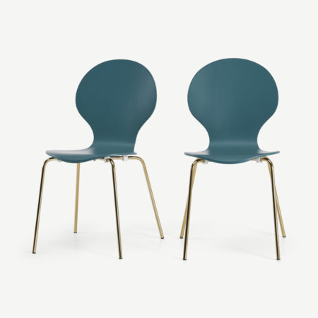 Set of 2 Kitsch Dining Chairs, Teal and Brass
