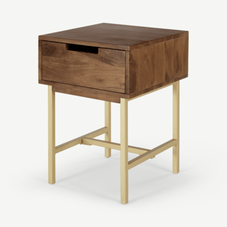 Tayma Bedside Table, Acacia Wood & Brass